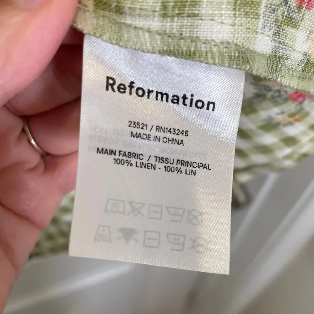 Reformation Roarke Floral Check Mini Sun Dress Green Gingham Sweetheart Linen 2 - Picture 4 of 5